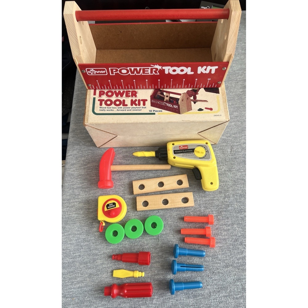 Connor Preschool Power Tool Kit‎ 18 Piece Wood Box Plastic Boy Pretend Play READ
